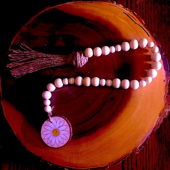 Succulents&Handmade Bead Garland w/ Tassel&Wood Slice with Hand Drawn Art - Picture 4 of 8